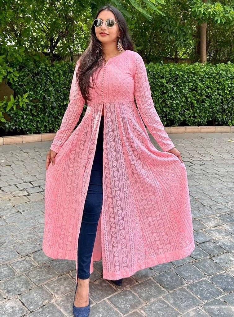 Peach georgette heavy chikankari work designer kurti