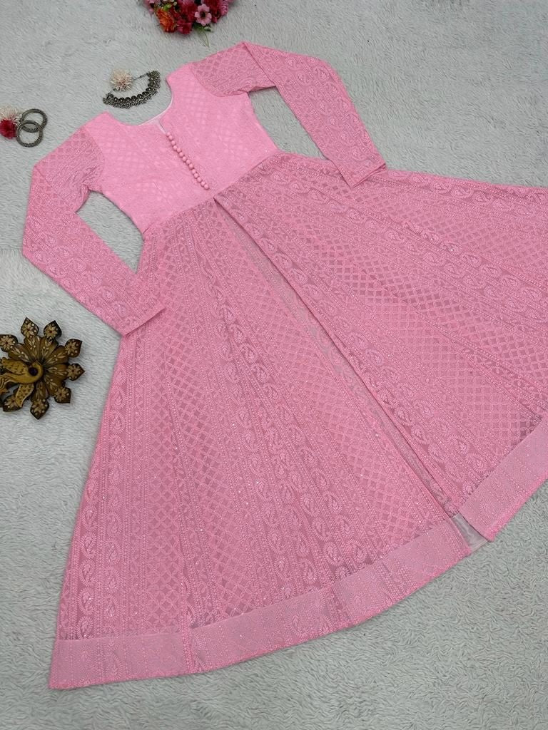 Peach georgette heavy chikankari work designer kurti