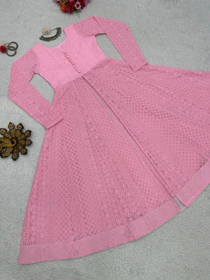 Peach georgette heavy chikankari work designer kurti