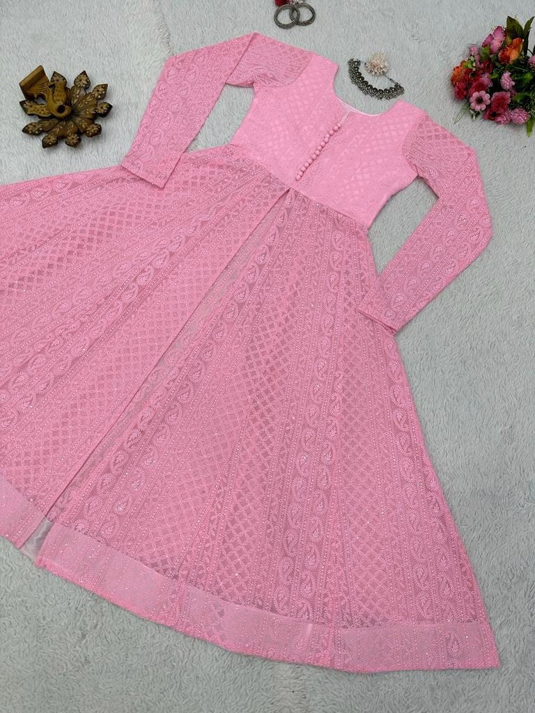 Peach georgette heavy chikankari work designer kurti