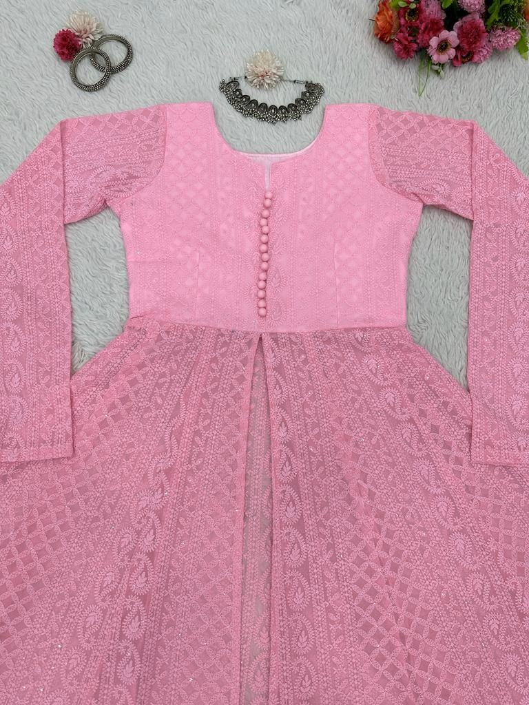 Peach georgette heavy chikankari work designer kurti