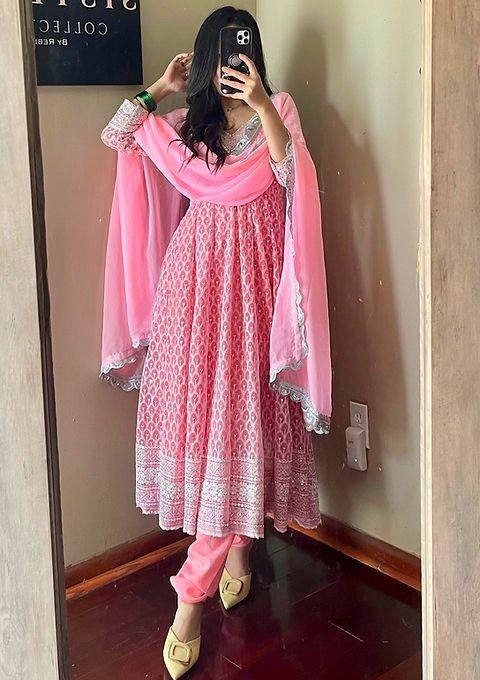 Peach georgette heavy embroidered wedding anarkali suit