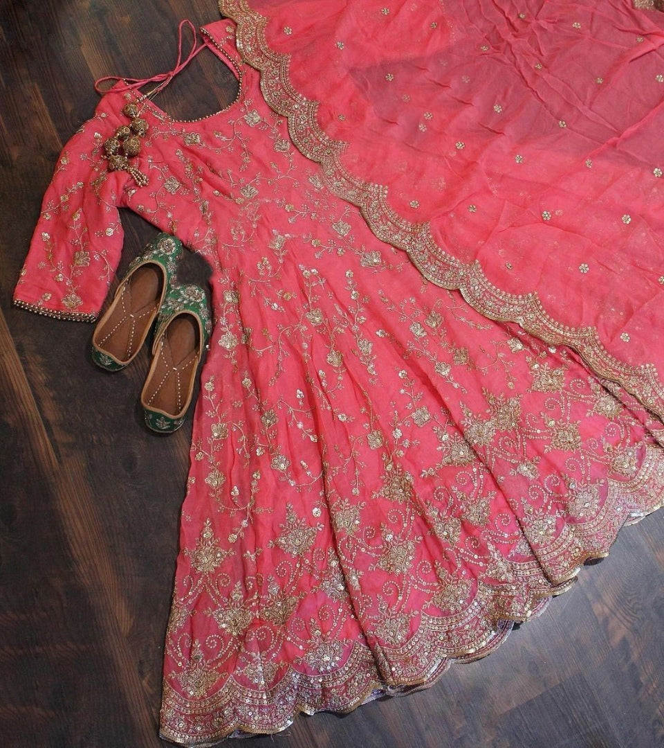 Peach georgette heavy embroidered wedding anarkali suit