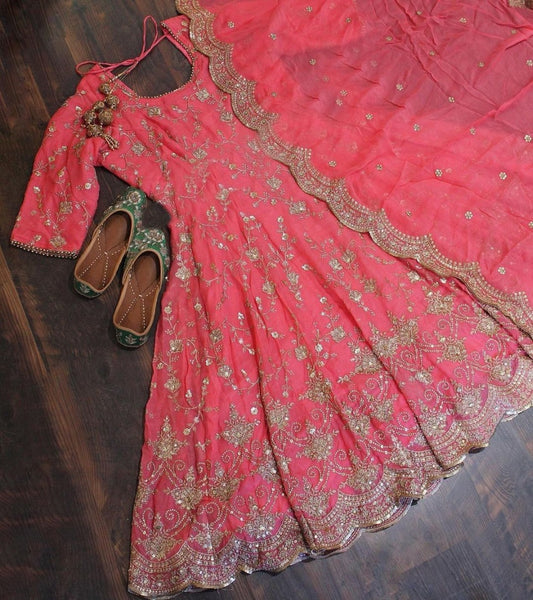 Peach georgette heavy embroidered wedding anarkali suit