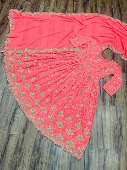 Peach georgette heavy embroidered wedding anarkali suit