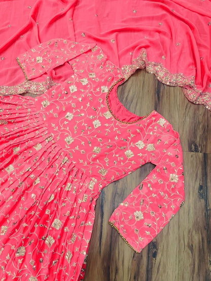 Peach georgette heavy embroidered wedding anarkali suit