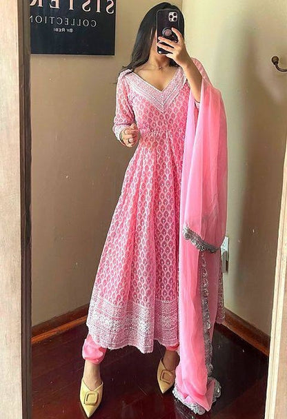 Peach georgette heavy embroidered wedding anarkali suit