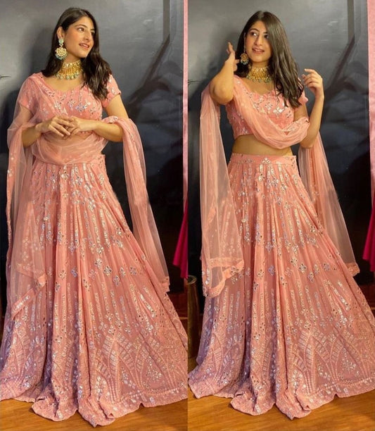 Peach georgette heavy embroidered wedding lehenga choli