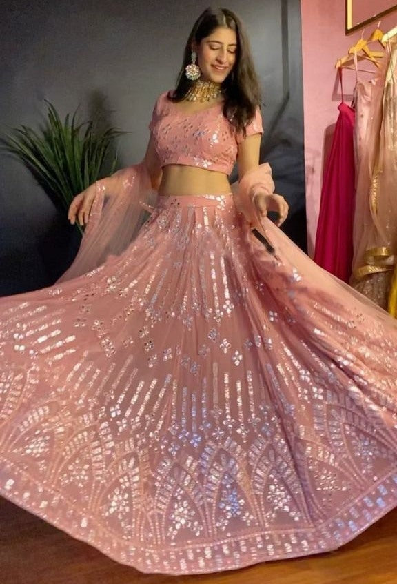 Peach georgette heavy embroidered wedding lehenga choli