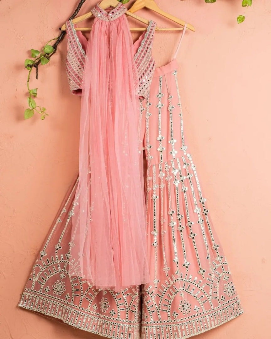Peach georgette heavy embroidery work designer plazzo suit