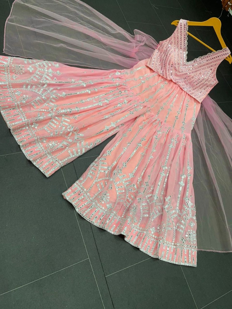 Peach georgette heavy embroidery work designer plazzo suit