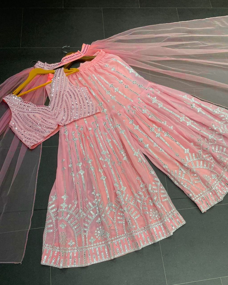 Peach georgette heavy embroidery work designer plazzo suit