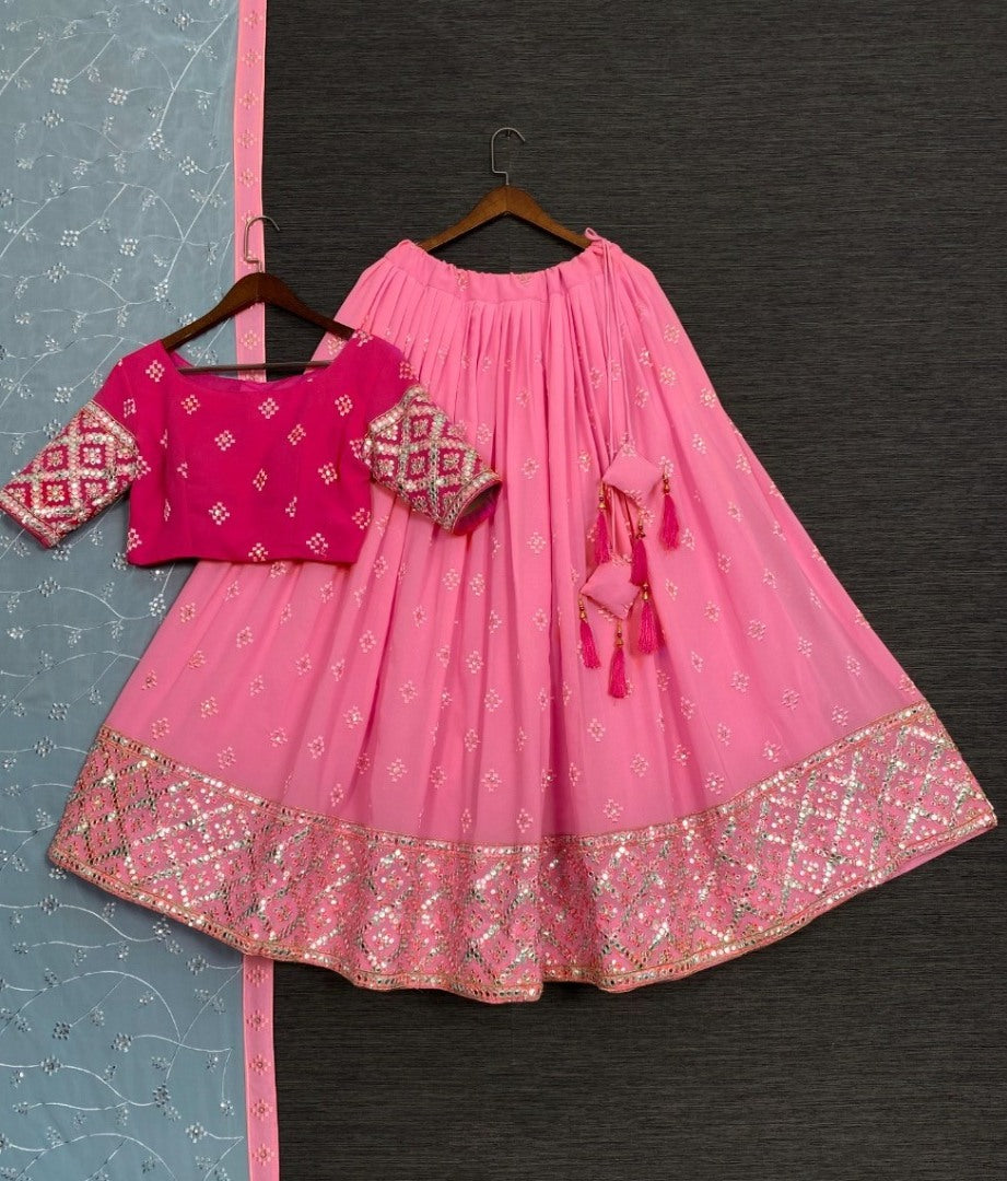 Peach georgette heavy embroidery work lehenga choli for wedding