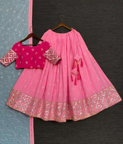 Peach georgette heavy embroidery work lehenga choli for wedding