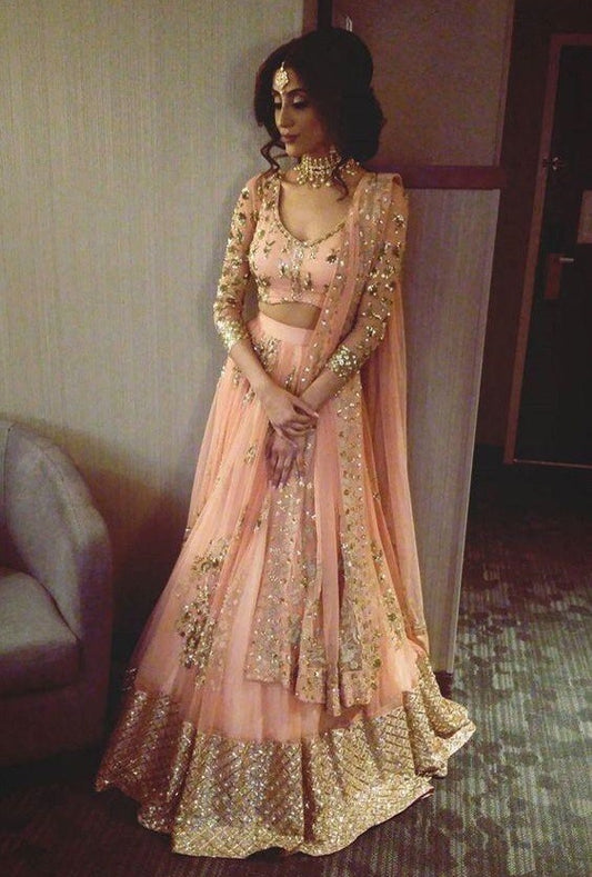 Peach georgette heavy sequence and thread work wedding lehenga choli