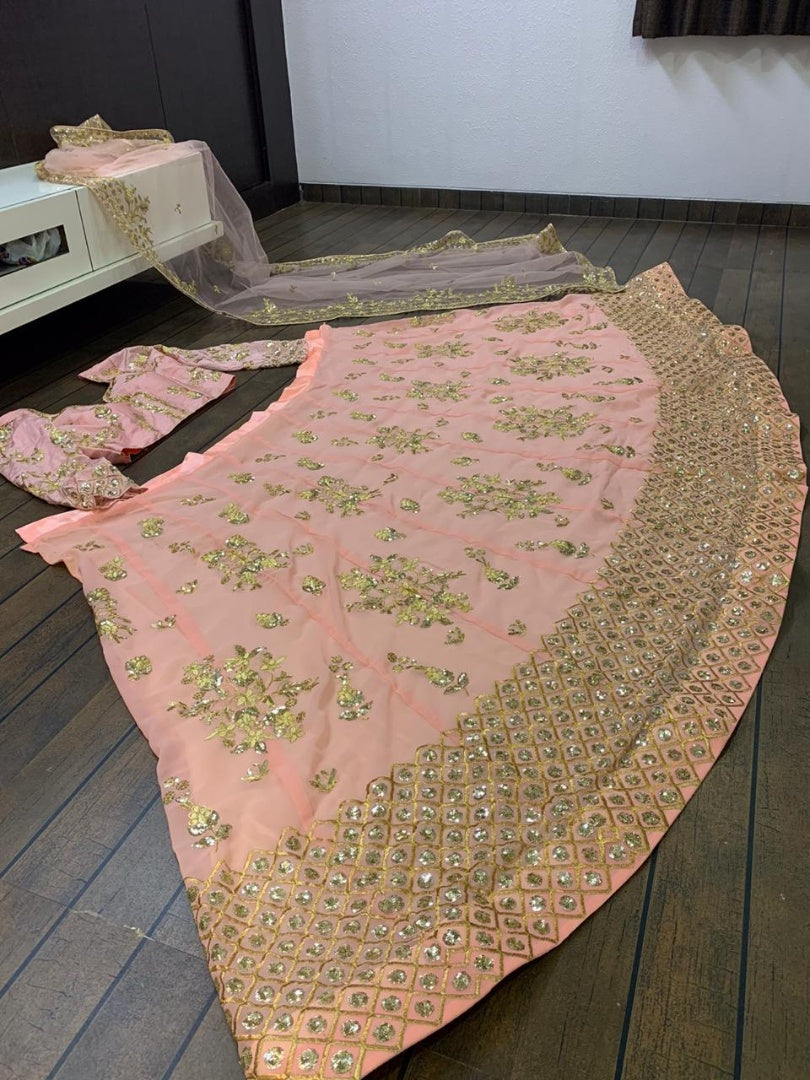 Peach georgette heavy sequence and thread work wedding lehenga choli