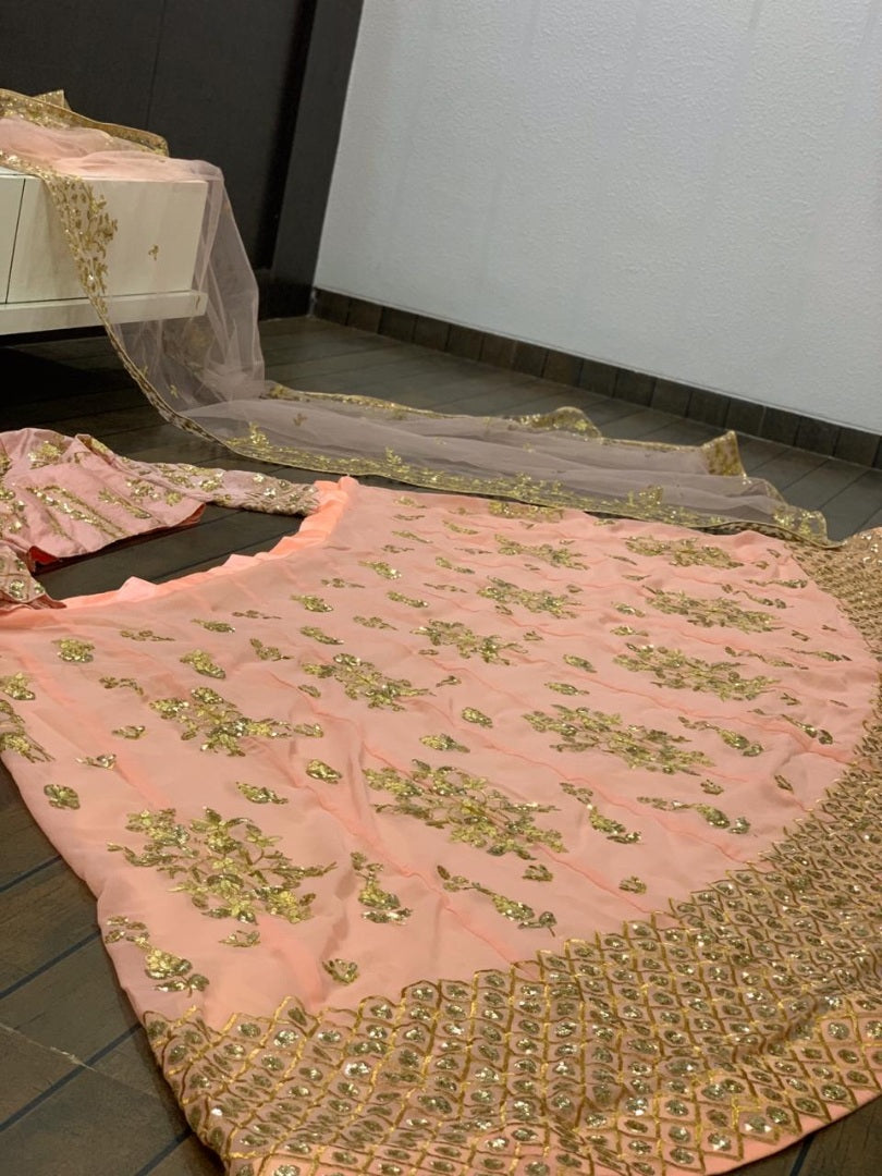 Peach georgette heavy sequence and thread work wedding lehenga choli