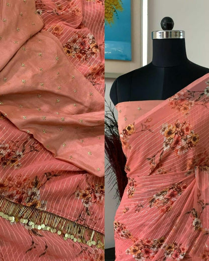 Peach georgette heavy sequence flower printed saree