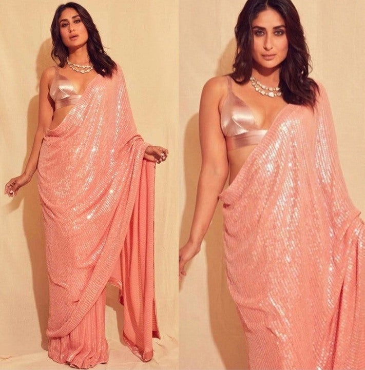 Peach georgette heavy sequence work stylist partywear saree