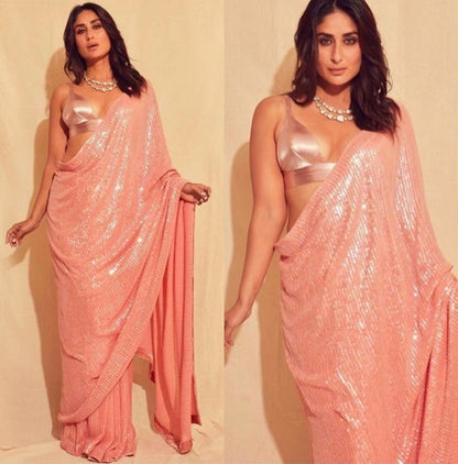Peach georgette heavy sequence work stylist partywear saree