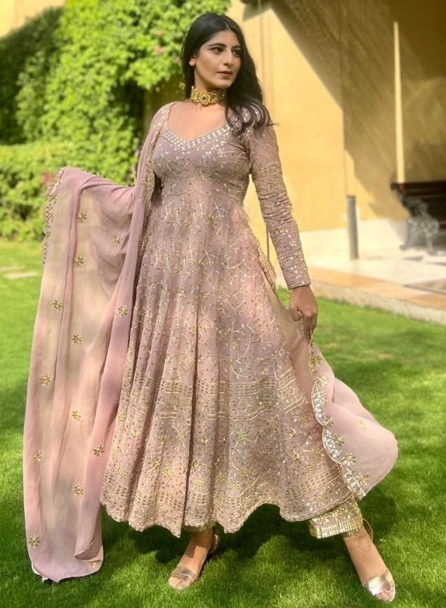 Peach georgette heavy thread and sequence work anarkali suit