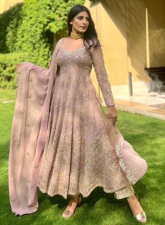 Peach georgette heavy thread and sequence work anarkali suit