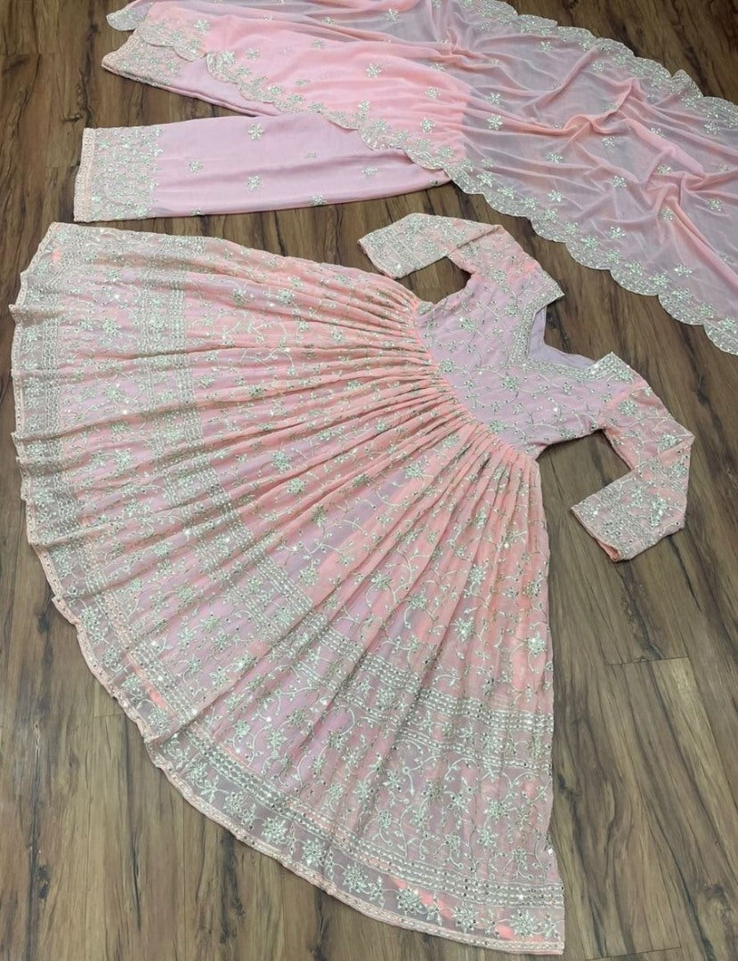 Peach georgette heavy thread and sequence work anarkali suit