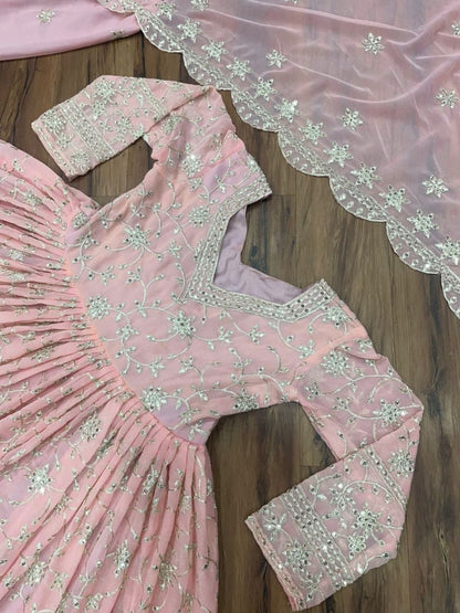 Peach georgette heavy thread and sequence work anarkali suit