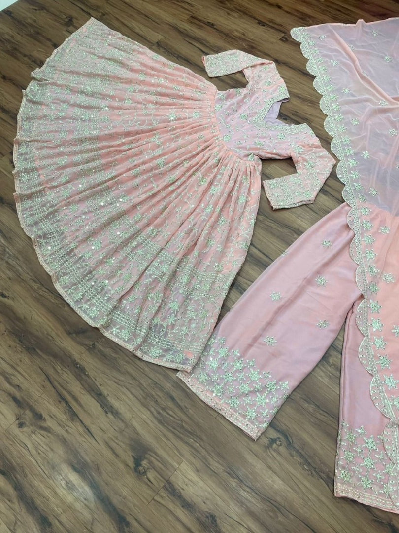 Peach georgette heavy thread and sequence work anarkali suit