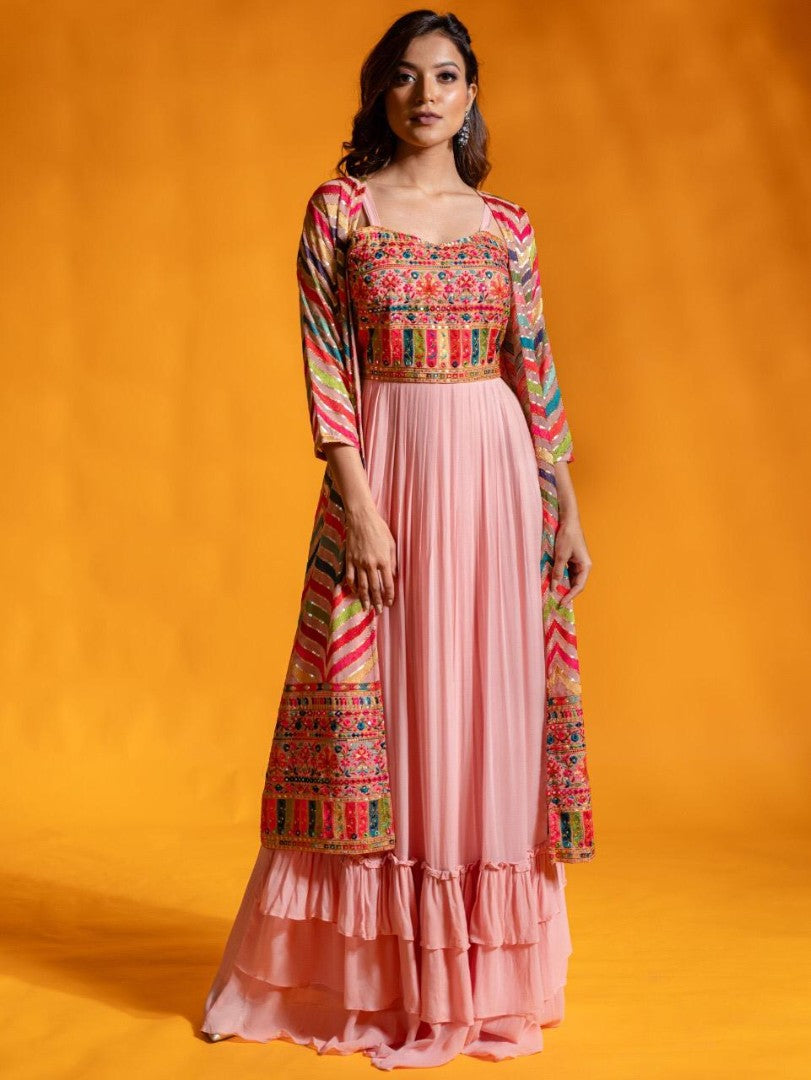 Peach georgette indowestern digital printed gown with shrug