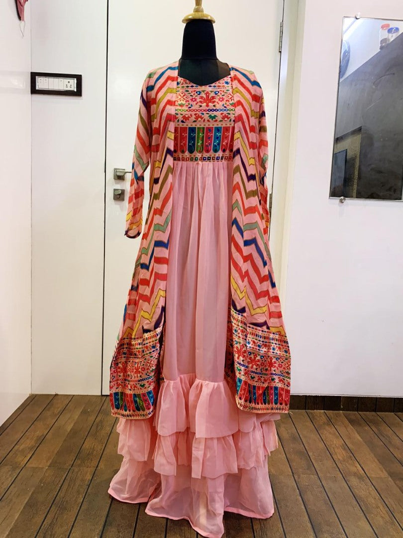 Peach georgette indowestern digital printed gown with shrug