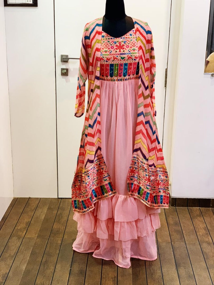 Peach georgette indowestern digital printed gown with shrug