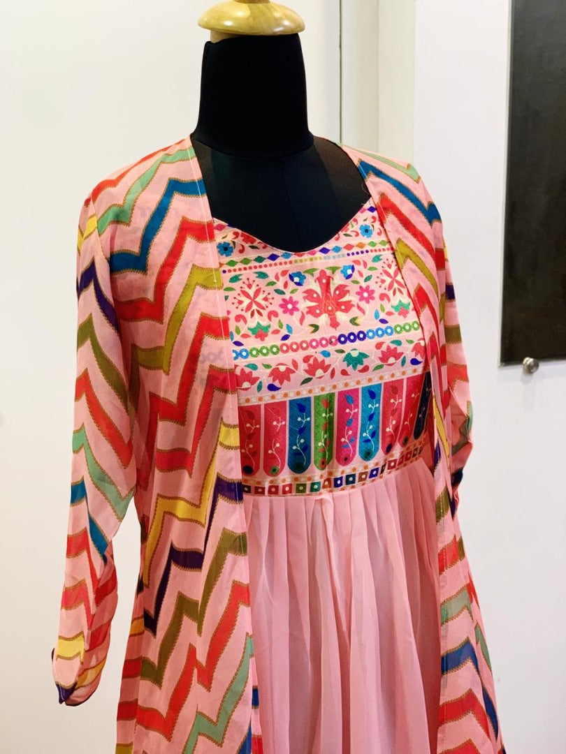Peach georgette indowestern digital printed gown with shrug
