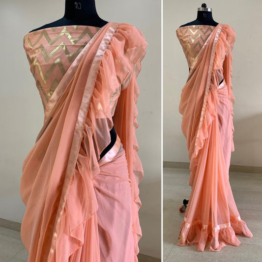 Peach georgette jhalar work saree with jacquard blouse