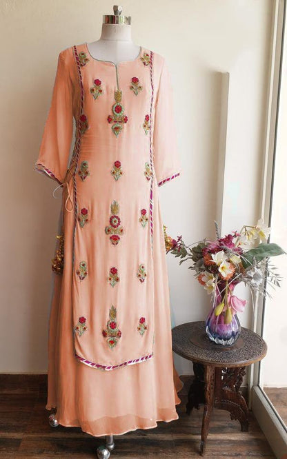 Peach georgette multi embroidered plazzo suit