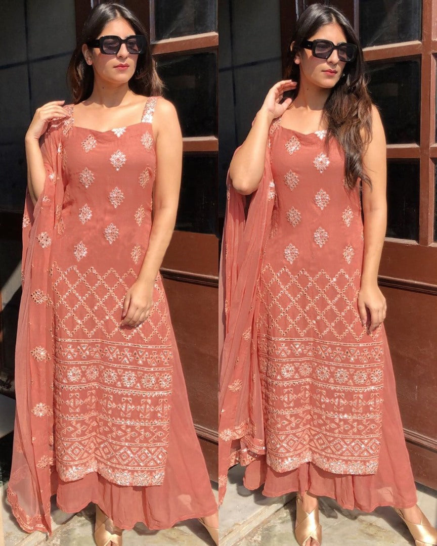 Peach georgette paper mirror work plazzo salwar suit