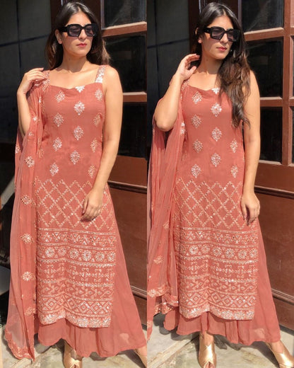 Peach georgette paper mirror work plazzo salwar suit