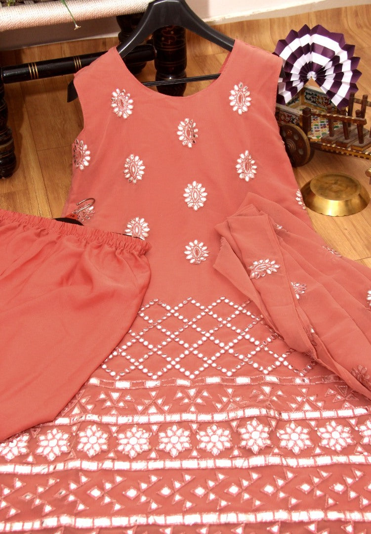 Peach georgette paper mirror work plazzo salwar suit