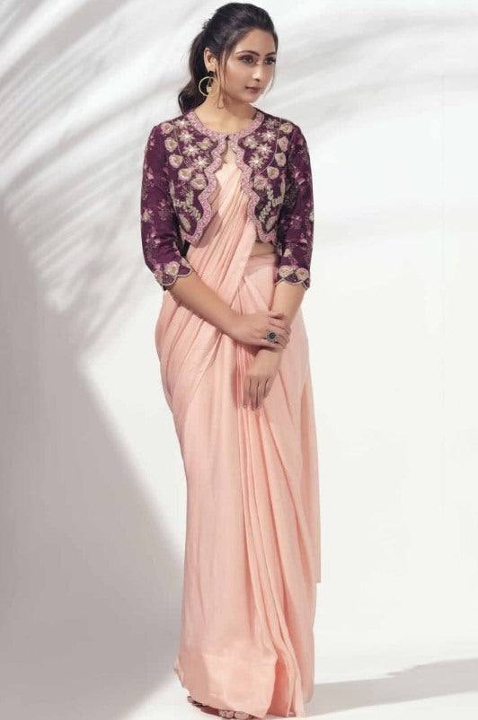 Peach georgette plain saree with heavy digital printed work koti