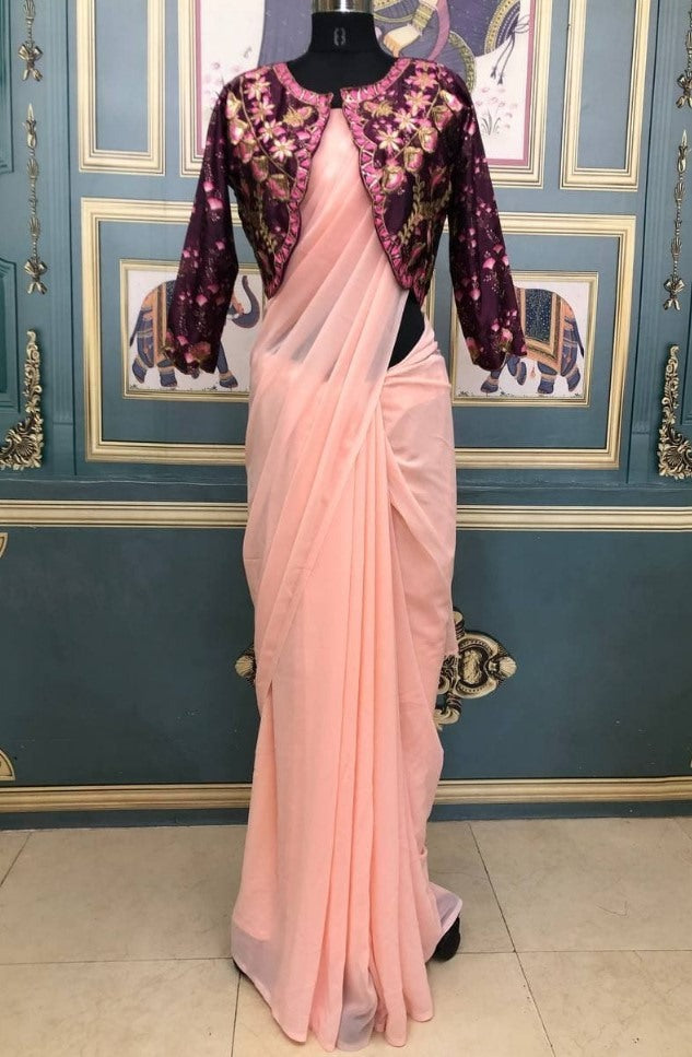 Peach georgette plain saree with heavy digital printed work koti