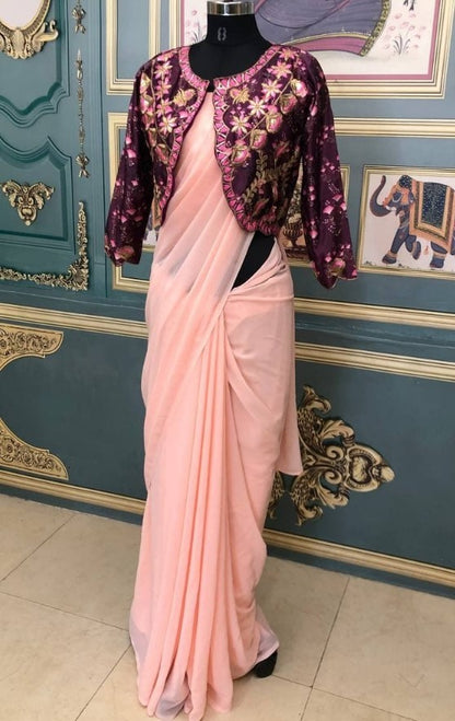 Peach georgette plain saree with heavy digital printed work koti