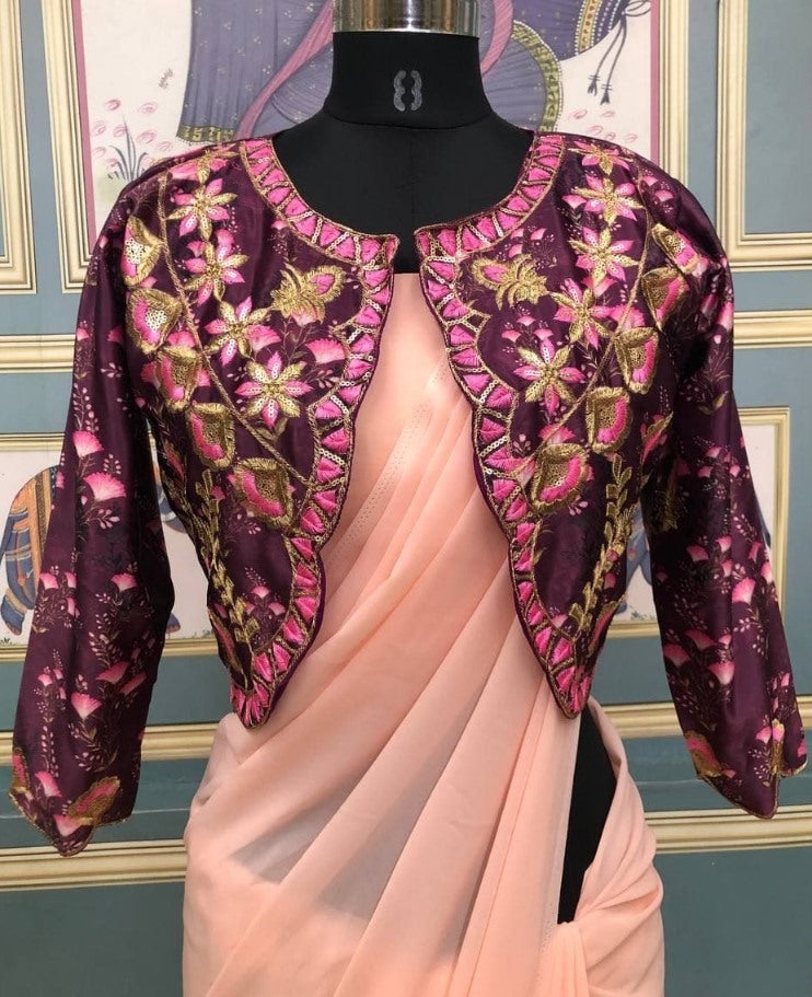 Peach georgette plain saree with heavy digital printed work koti