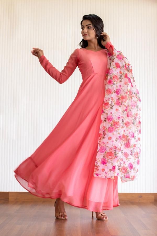 Peach georgette plain work gown with printed dupatta