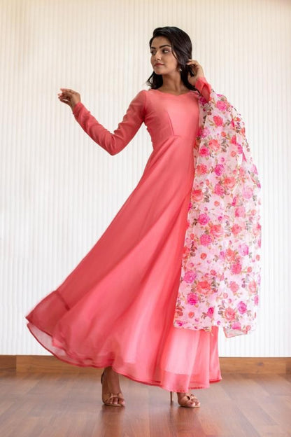 Peach georgette plain work gown with printed dupatta
