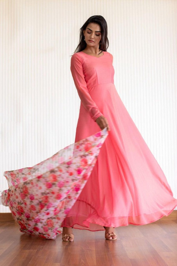 Peach georgette plain work gown with printed dupatta