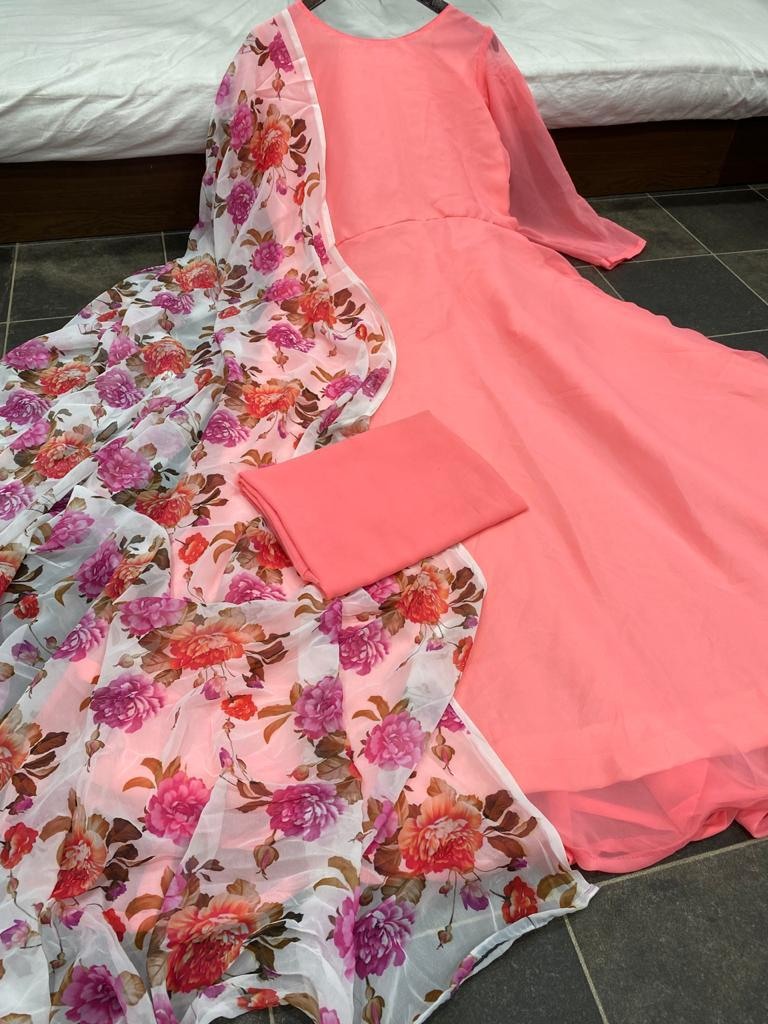 Peach georgette plain work gown with printed dupatta