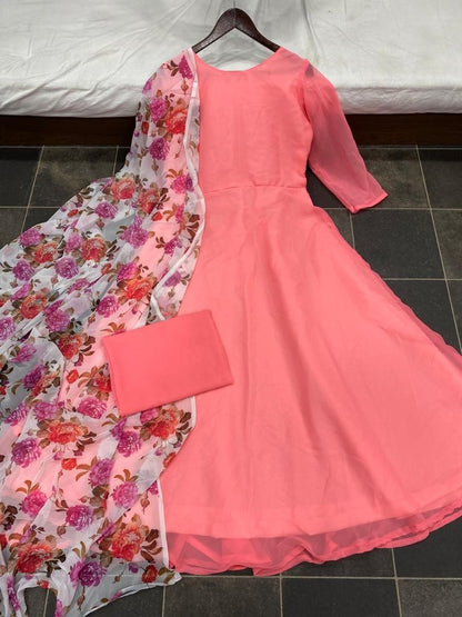 Peach georgette plain work gown with printed dupatta