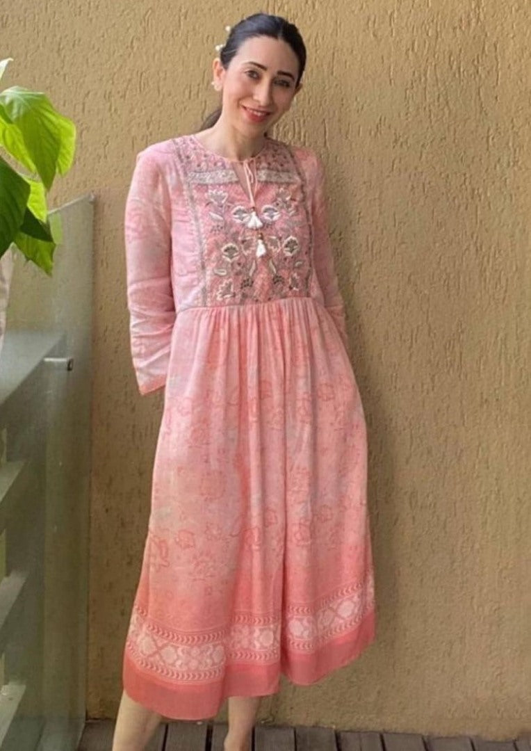 Peach georgette print and embroidered kurti