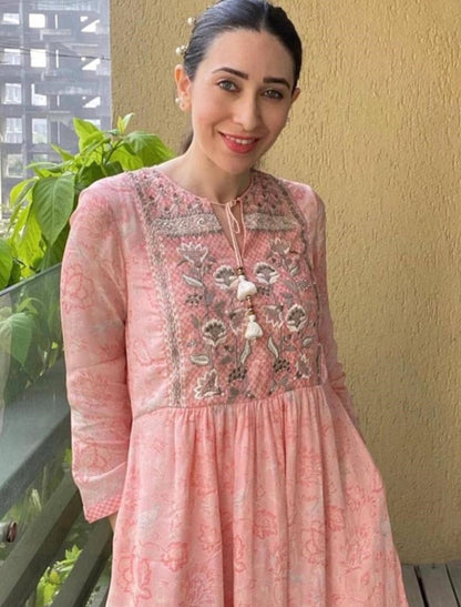 Peach georgette print and embroidered kurti