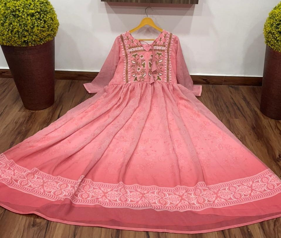 Peach georgette print and embroidered kurti